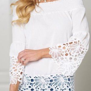 White Lace-Trim Bell-Sleeve Off-Shoulder Top Women Shirt Size XL